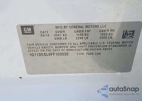 2015 Chevrolet Malibu 2Lt из США, поврежденный, VIN 1G11D5SL9FF169039